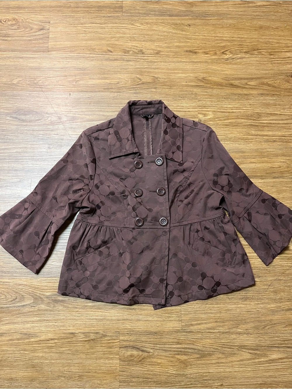 Vintage Ambition Brown Circle Jacquard Peplum Double Breasted Jacket Coat L
